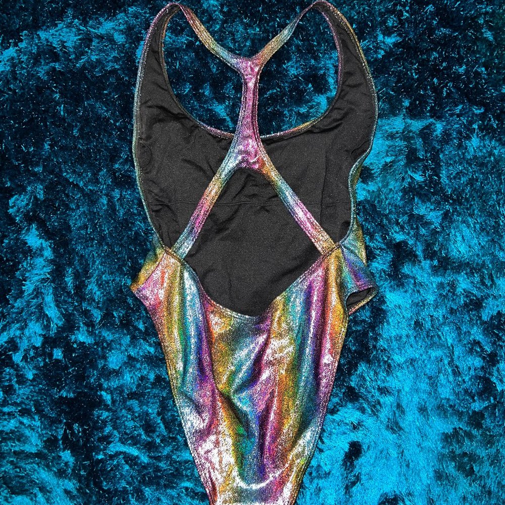 Forever 21 Bodysuit Rainbow Shimmer Metallic Open Back Cross Medium Rave